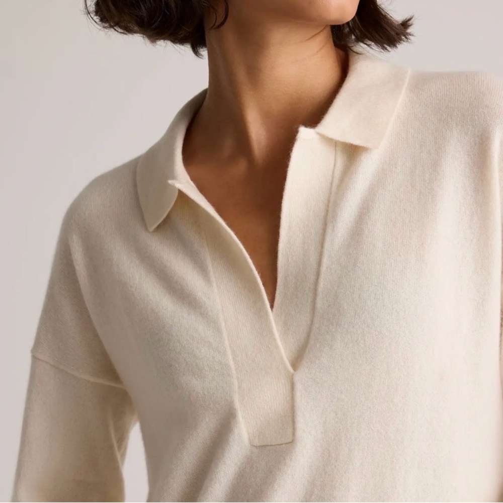 NEW NWT Quince Women's Mongolian Cashmere V-Neck Collared Ivory Cream Sweater - Picture 6 of 10